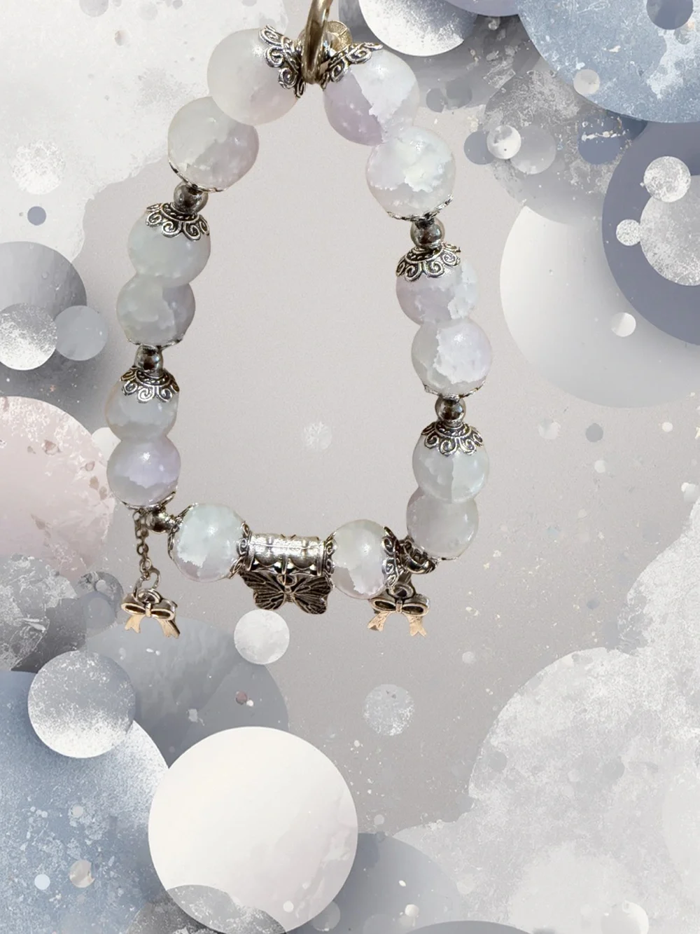 Glass Beaded Bracelet with Butterfly & Bow Charms - Clear/Pale Pink